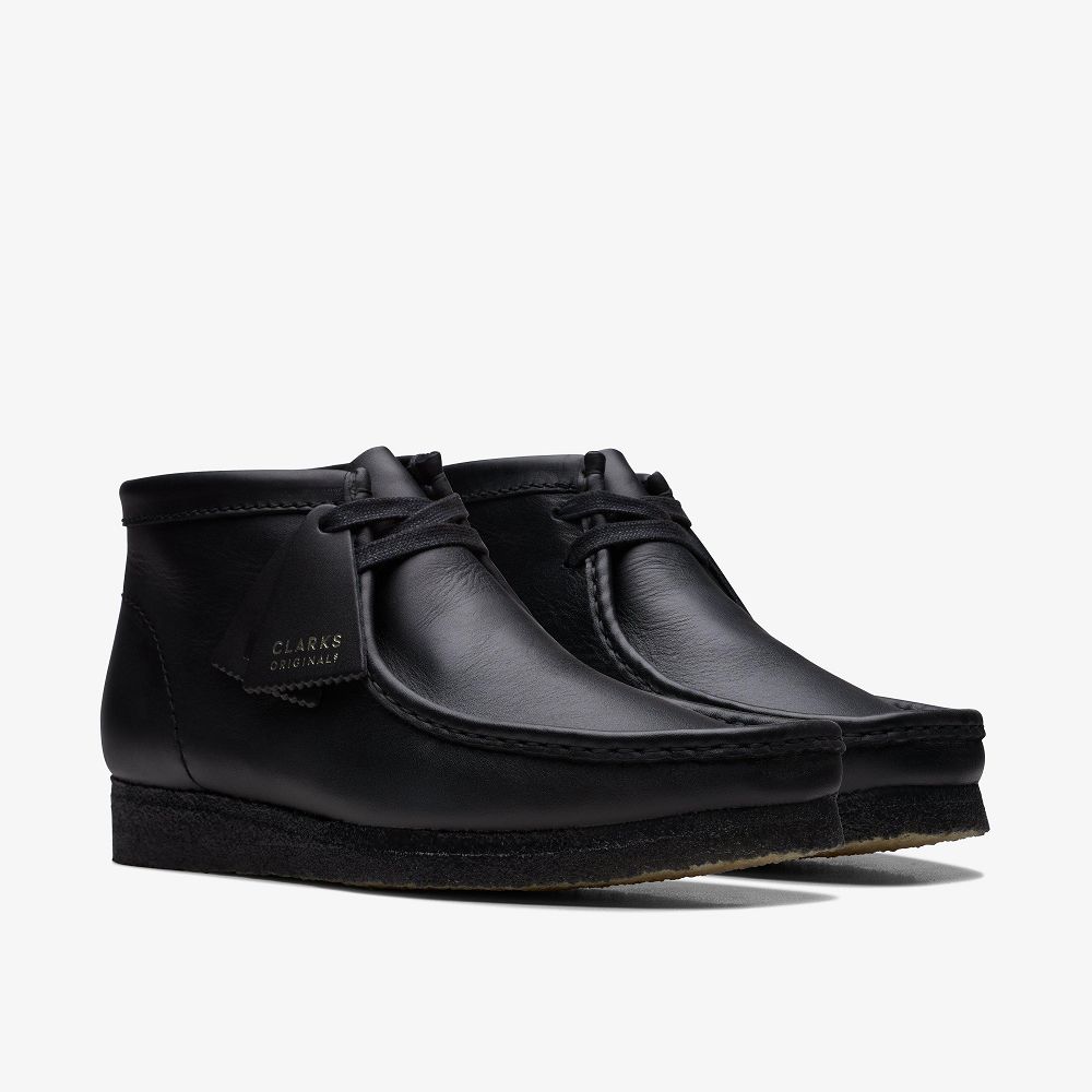 Black Leather Clarks Wallabee Men Boots | 8724EWFCY