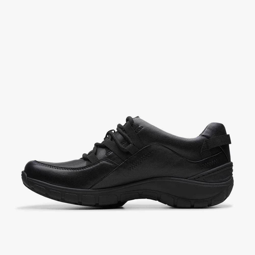 Black Leather Clarks Wave Range Women Sneakers | 0647IQFPS