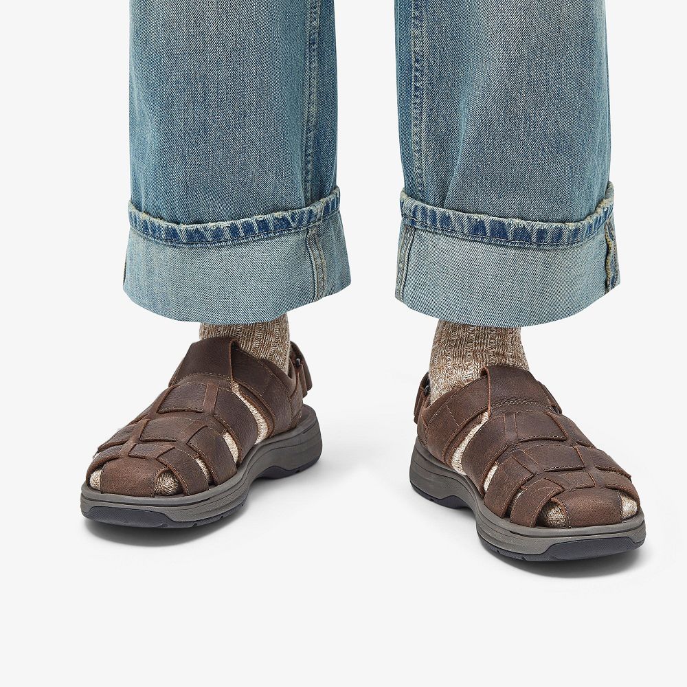 Dark Brown Leather Clarks Saltway Cove Men Sandals | 4531PNBQW