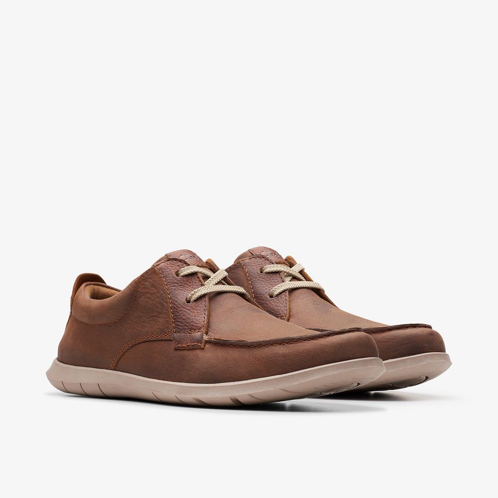 Dark Tan Leather Clarks Flexway Lace Men Boat Shoes | 7302STJEX