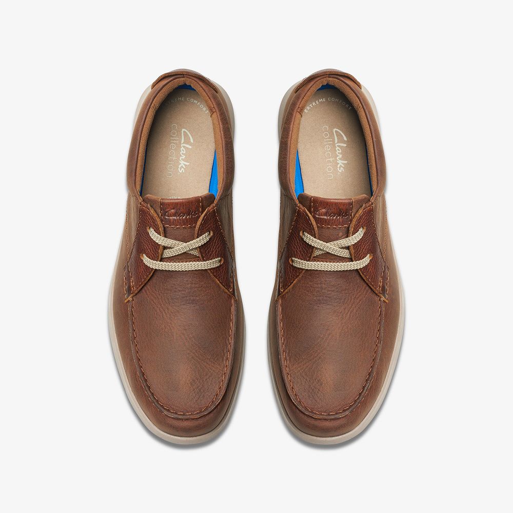 Dark Tan Leather Clarks Flexway Lace Men Boat Shoes | 7302STJEX