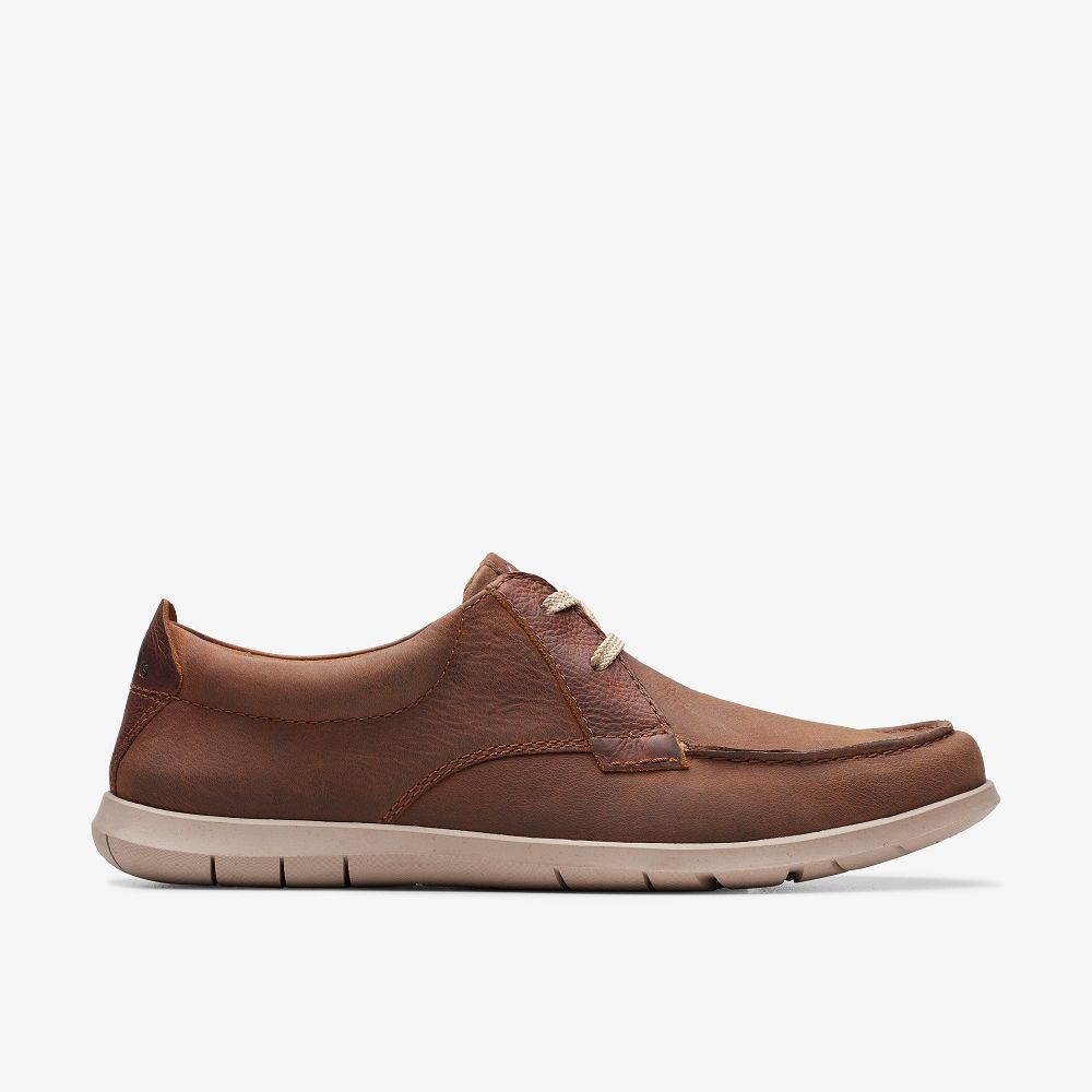 Dark Tan Leather Clarks Flexway Lace Men Boat Shoes | 7302STJEX