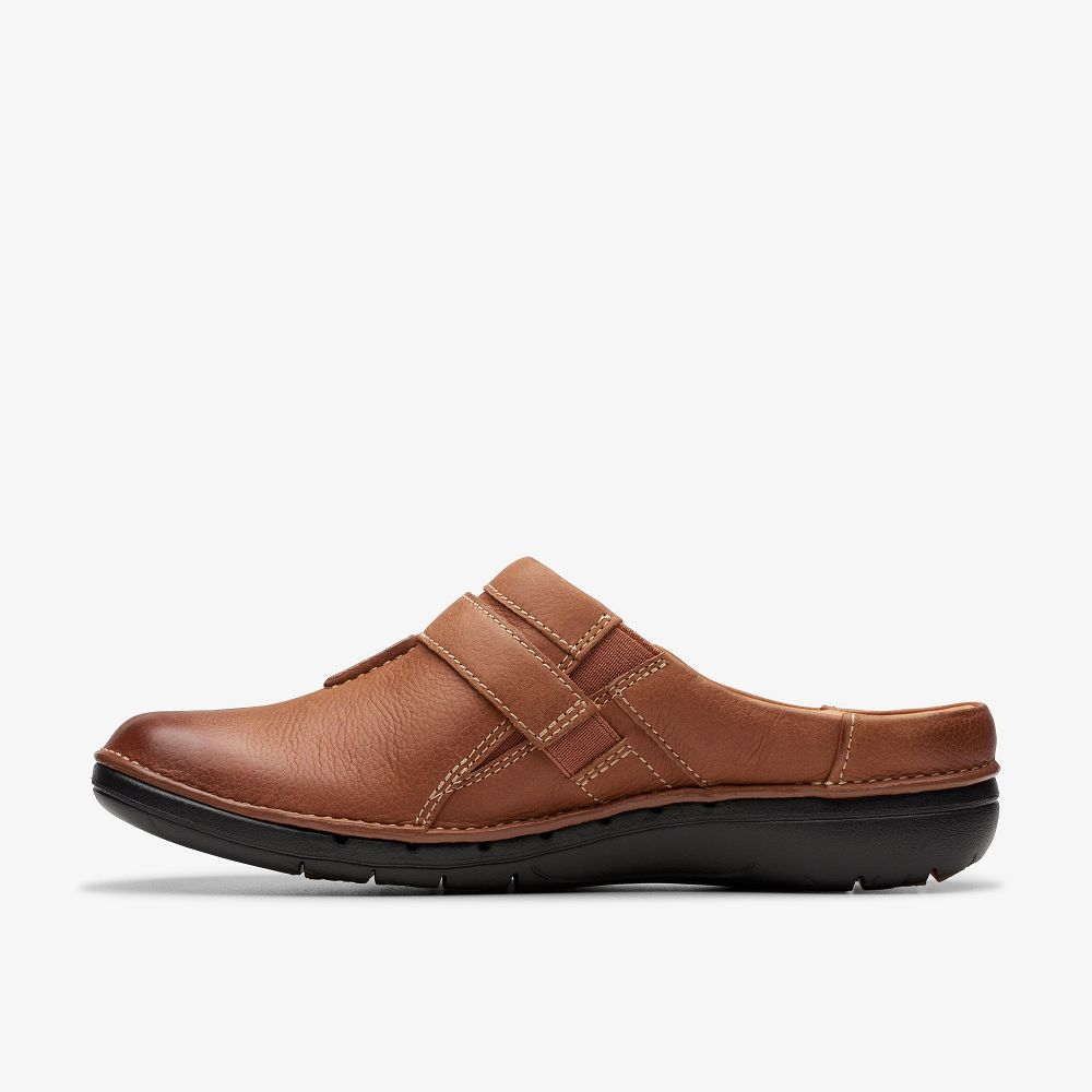 Dark Tan Leather Clarks Un Loop Ease Women Mules | 5247LJTVH