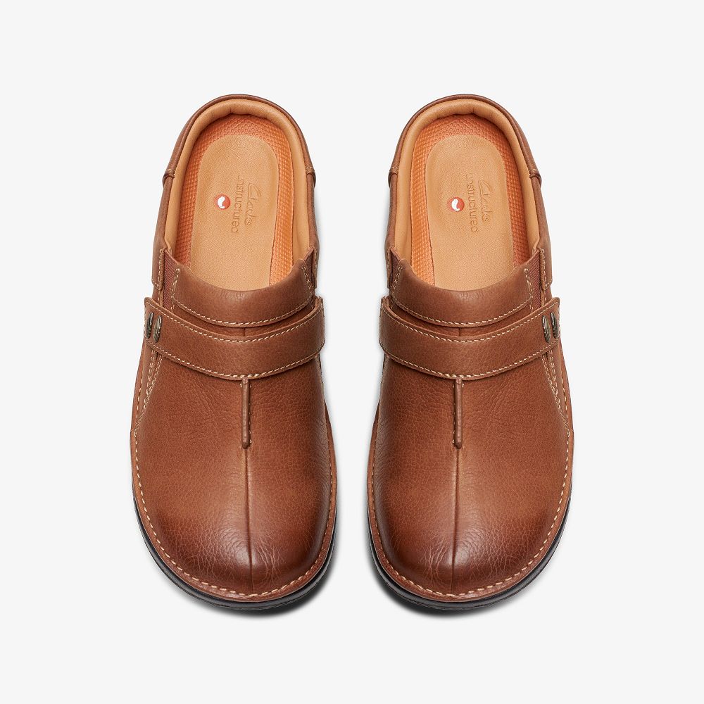 Dark Tan Leather Clarks Un Loop Ease Women Mules | 5247LJTVH