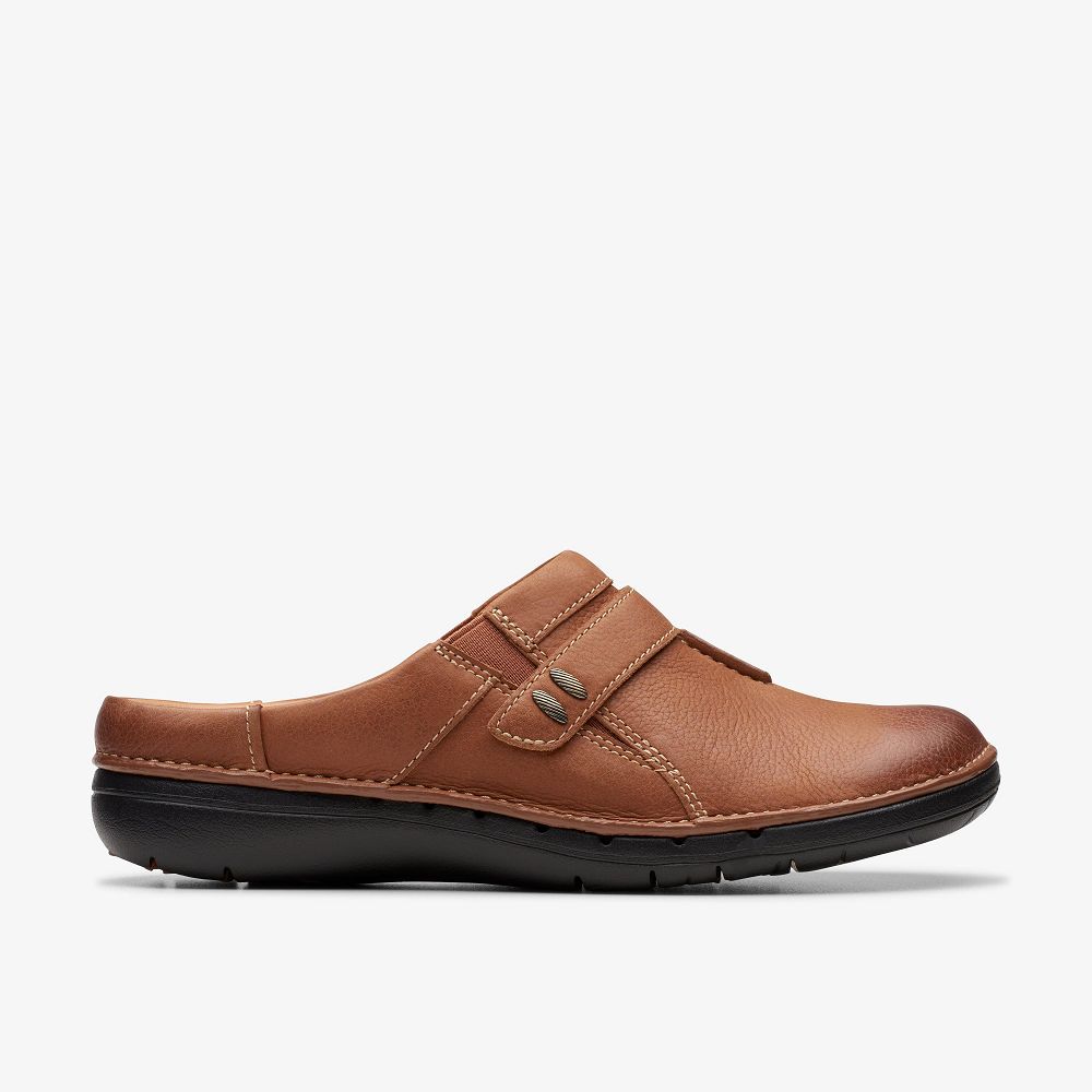 Dark Tan Leather Clarks Un Loop Ease Women Mules | 5247LJTVH