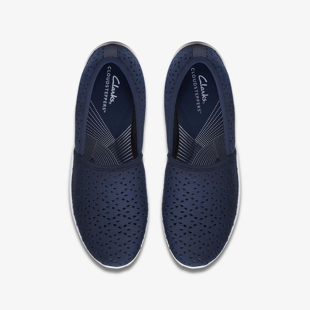 Navy Clarks Breeze Emily Women Slip-Ons | 7938OPYCQ