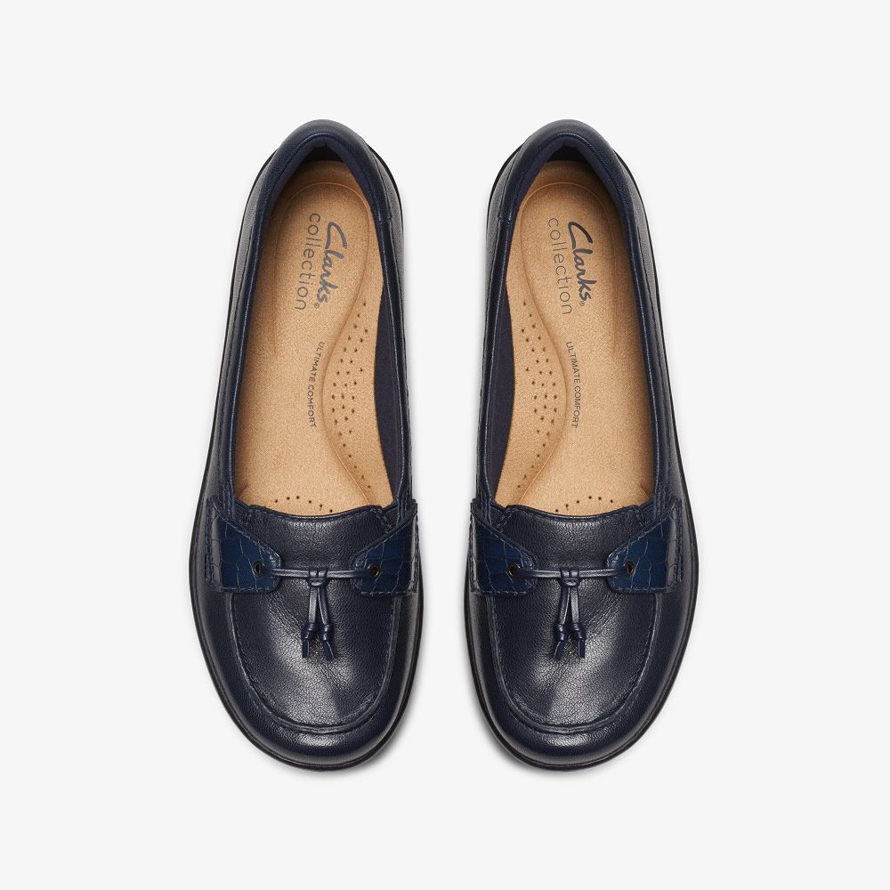 Navy Leather Clarks Cora Haley Women Slip-Ons | 1328HEXKD