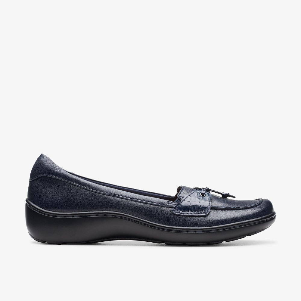 Navy Leather Clarks Cora Haley Women Slip-Ons | 1328HEXKD