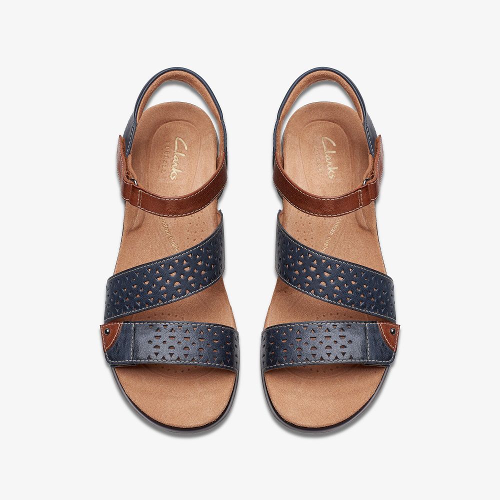 Navy Leather Clarks Kitly Way Women Sandals | 1287RSQFD