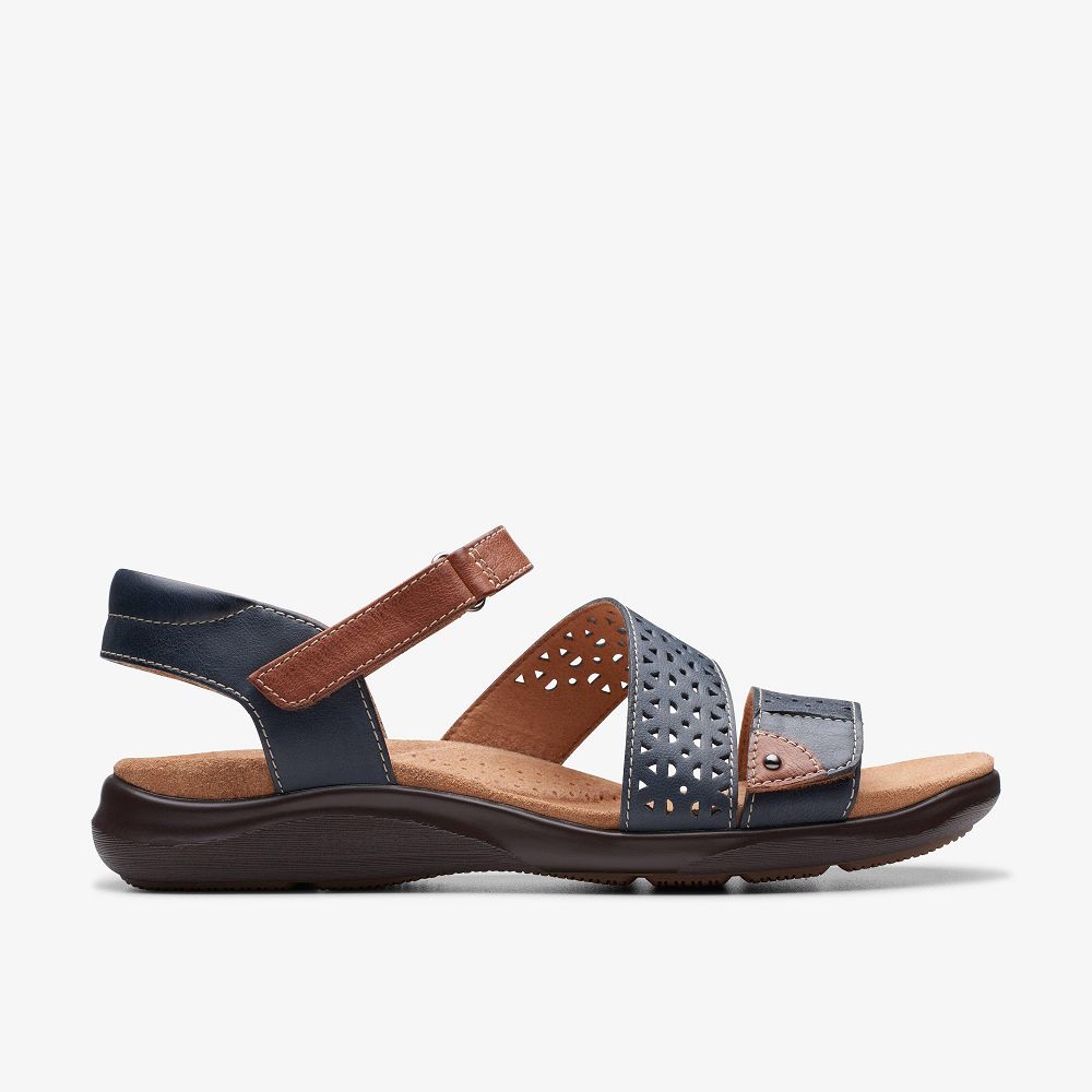 Navy Leather Clarks Kitly Way Women Sandals | 1287RSQFD