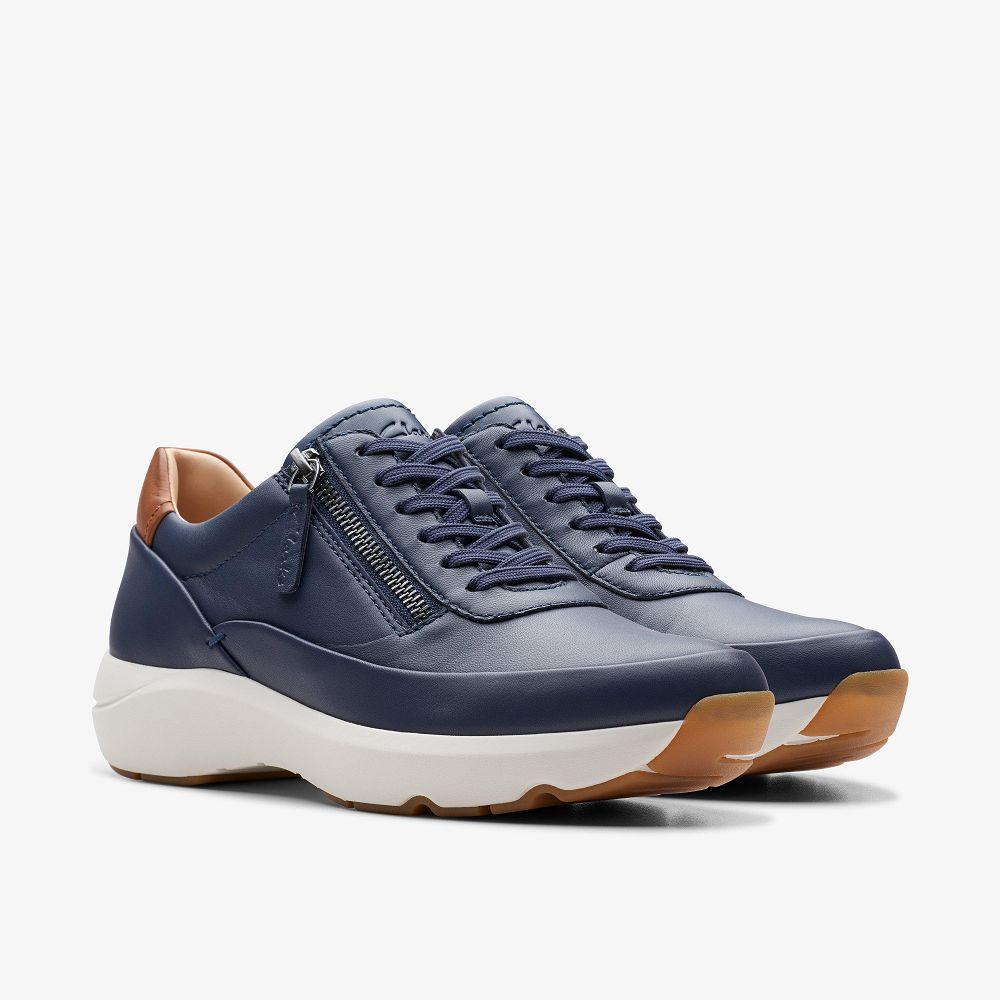 Navy Leather Clarks Tivoli Zip Women Sneakers | 9821VBKMJ