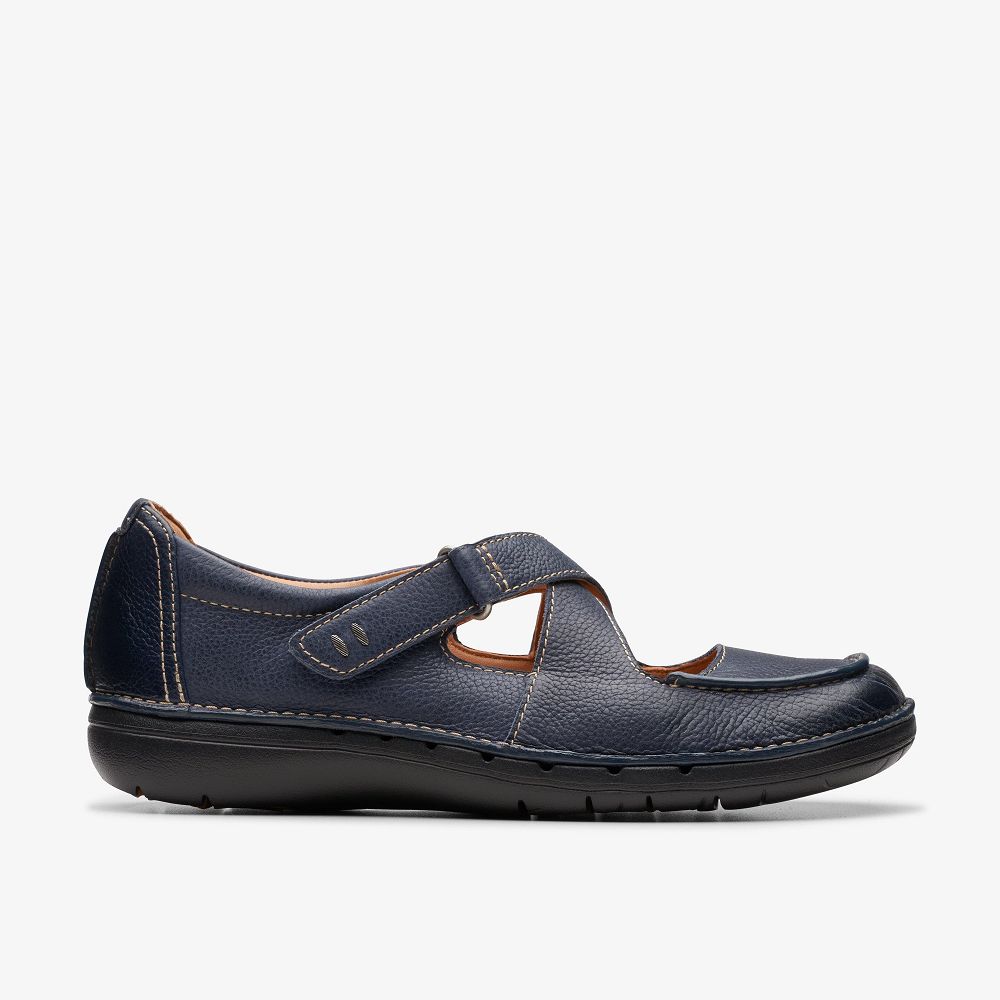 Navy Leather Clarks Un Loop Strap Women Mary Janes | 0289VKCSM