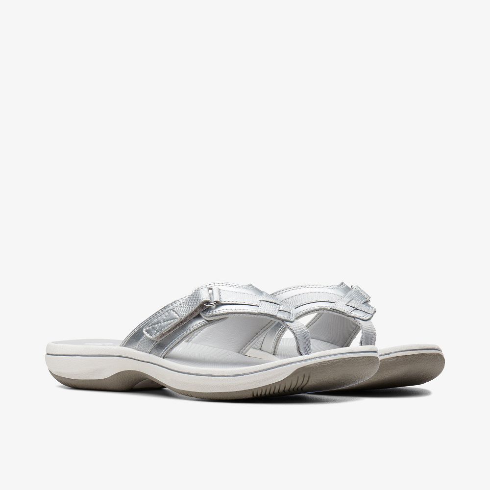 Silver Synthetic Clarks BREEZE SEA Women Sandals | 6593PQBFZ