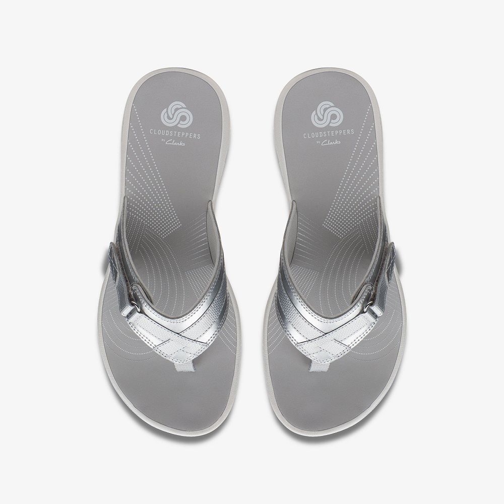 Silver Synthetic Clarks BREEZE SEA Women Sandals | 6593PQBFZ