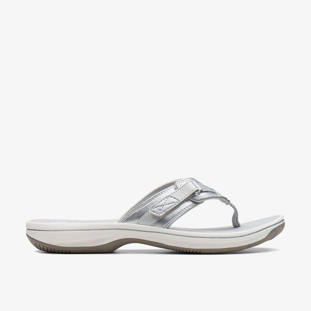 Silver Synthetic Clarks BREEZE SEA Women Sandals | 6593PQBFZ